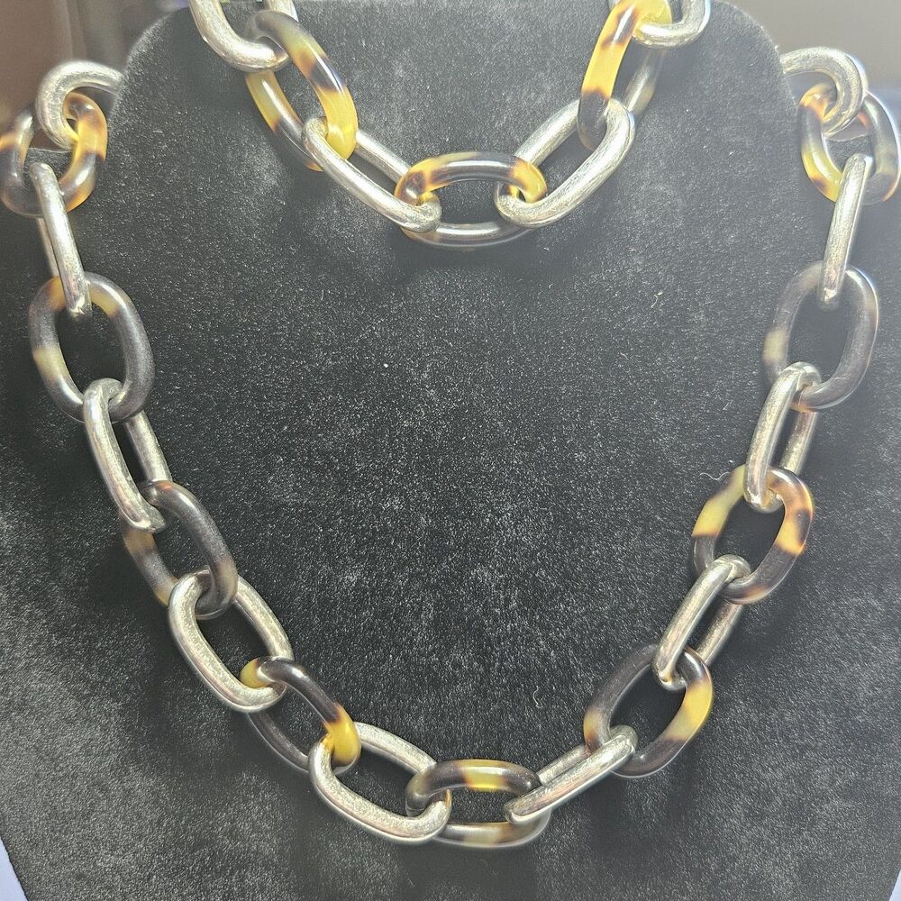 Ralph Lauren Necklace Bracelet Tortoise Lucite Silv Tone Chain Links 16'' 7"